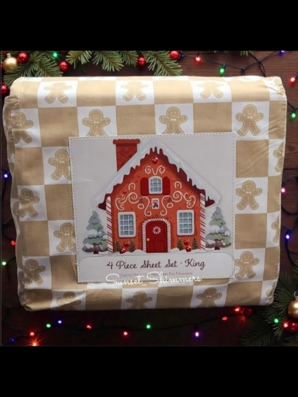 4pc Christmas Checkered Gingerbread Cookie King Bed Sheet Set NEW